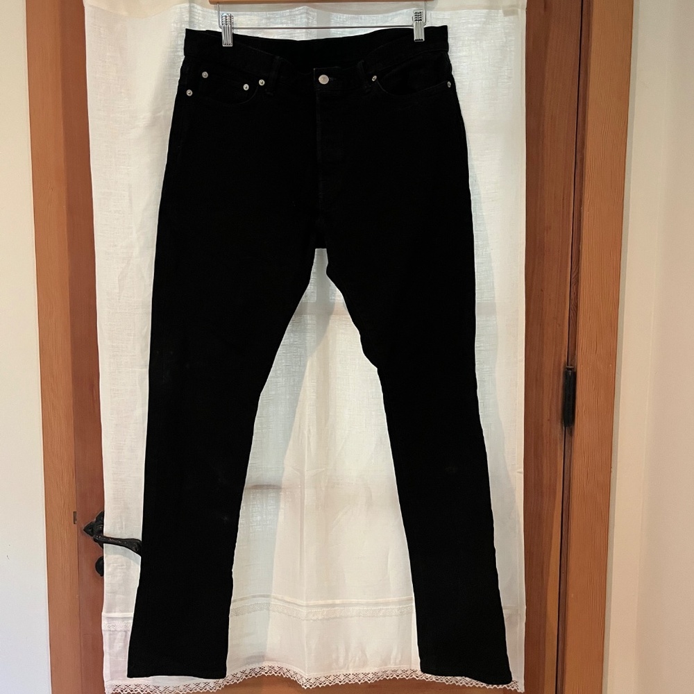 Buck Mason Maverick Slim Jeans Mens 36x34 Black Stretch Denim Button Fly USA